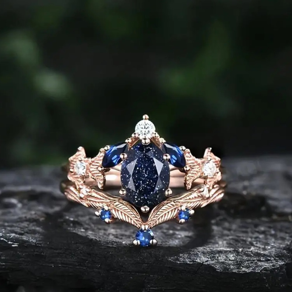 14k Gold Plated 2 Piece Ring Set, Starry Night Ring Set